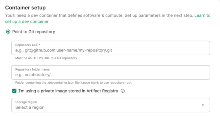 Form fields that prompt the user for information, in order to build a custom app from a dev container.