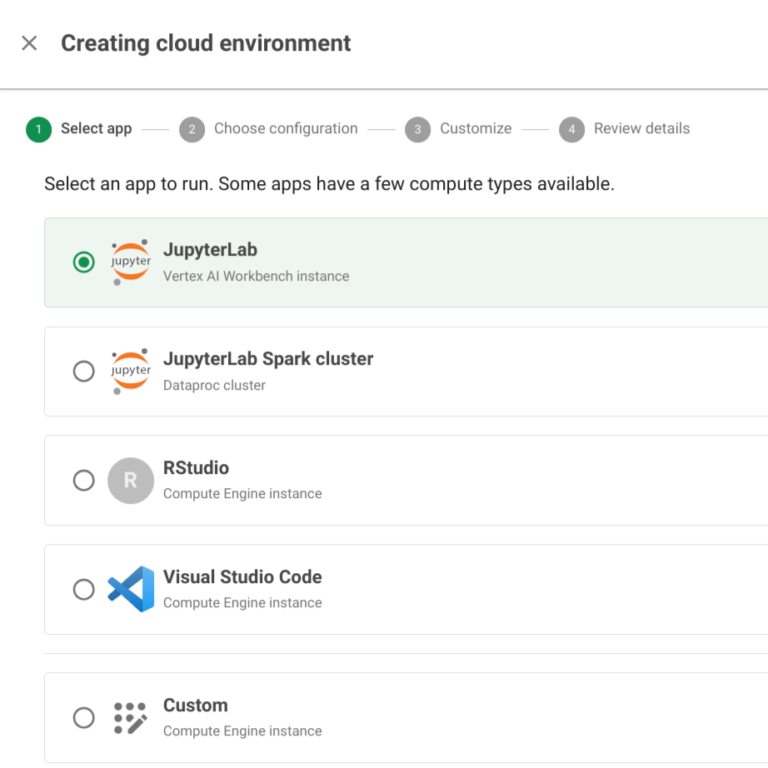 A dialog with radio buttons that allow users to select an app and compute type to build a VM instance.