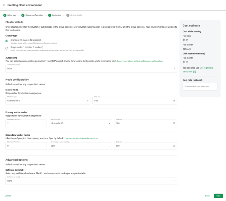 A complex form for configuring a cluster with many fields and options, designed in a human and intuitive way.